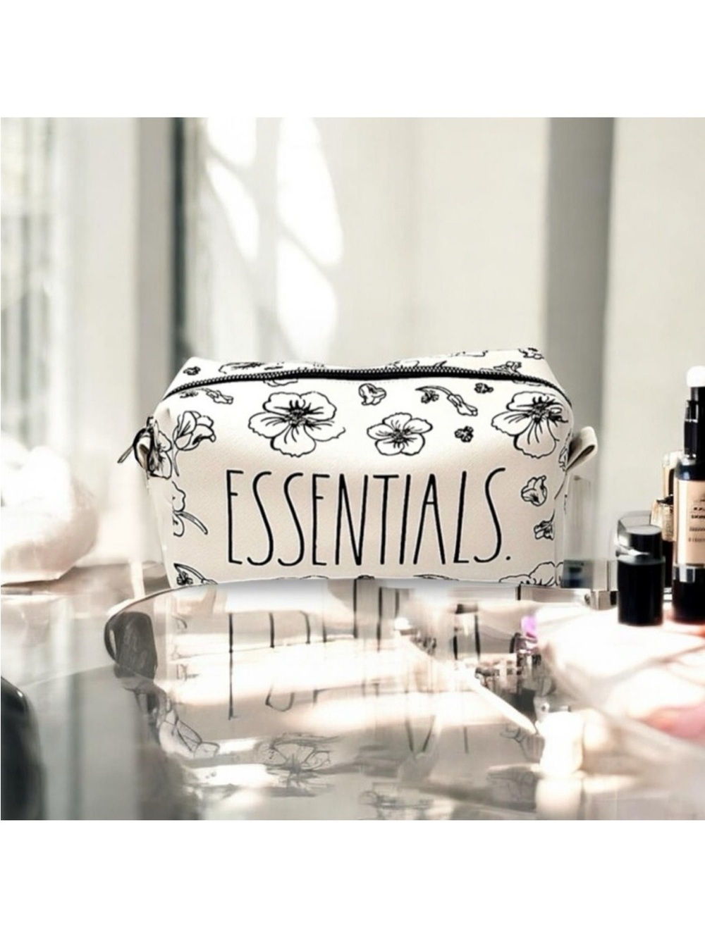 Rae Dunn Cream and Black Floral "ESSENTIALS" Cosmetic Pouch